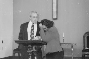 photo of I introduce my former bass, Rev, Dr. Yvonne Delk, who agreed to my invitation to speak in Madison. She laughs at my jokes sometimes. (1994)