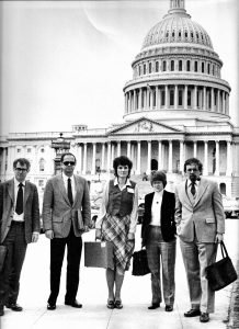 Photo of Washington DC 1980. UCC Policy advocates: Jay Lintner, Dave Rohlfing, Gretchen Eick, Zelle Andrews,Paul Kittlaus.